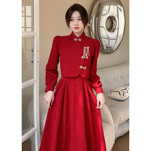 大码新中式改良旗袍红色连衣裙套装女秋冬高级感回门敬酒礼服裙子