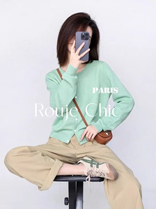 法国Rouje Chic复古绿色休闲内搭开衫毛衣女春季多巴胺显瘦针织衫