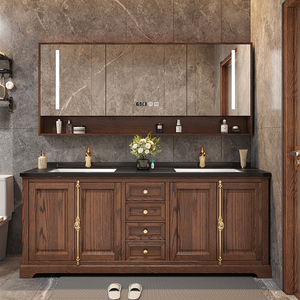 美式双盆红橡木浴室柜组合岩板卫生间实木落地式智能洗脸洗漱台盆