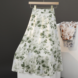 雪纺碎花半身裙女夏季2024绿色显瘦遮跨a字长裙法式复古气质半裙