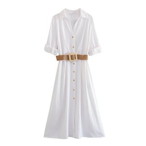 欧美风 夏季时尚潮流 腰带衬衣式白色收腰排扣V领连衣裙 3471522