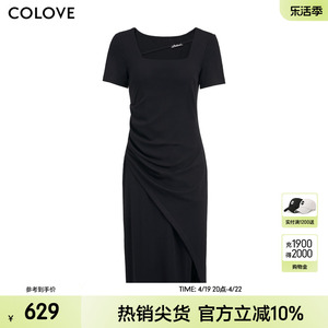 COLOVE卡拉佛黑色短袖连衣裙女2024春季新款时尚洋气不规则小黑裙