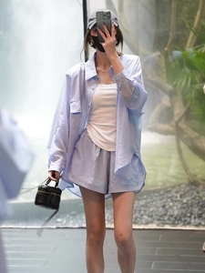 盐系穿搭高级感条纹防晒衬衫休闲运动服套装女夏季时尚短裤两件套