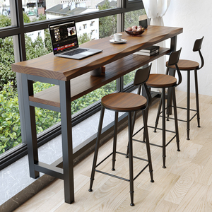 阳台家用吧台桌双层实木靠窗靠墙窄桌长条高低脚长桌子高桌椅组合