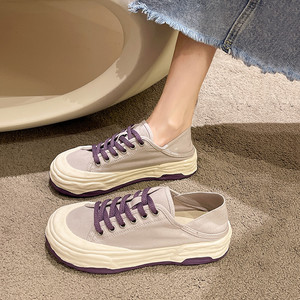 紫色厚底小白鞋女2024秋春新款超火帆布鞋日系原宿复古小众板鞋子