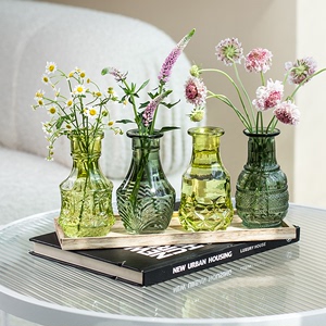 南十字星 法式浮雕小花瓶绿色玻璃透明水养插花客厅桌面摆件ins风