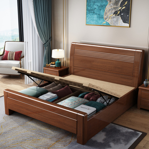 销胡桃木实木床中式双人床18米15m现代简约卧室轻奢储物高箱婚品