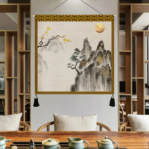 新中式轻奢挂画金色水墨复古意境山水壁毯沙发电视机背景墙布超大