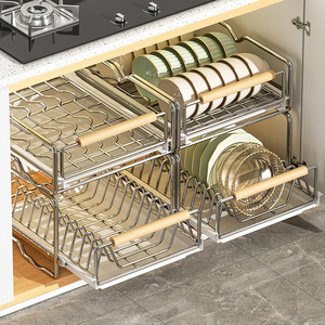 不锈钢碗碟收纳架厨房橱柜内置物架抽屉式拉篮抽拉碗柜盘沥水碗架