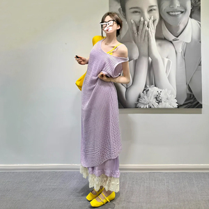 法式紫色吊带连衣裙子女夏季2024新款小个子气质镂空背心长裙套装