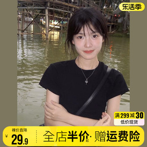 美式复古黑色正肩短袖t恤女夏季2024新款辣妹短款上衣设计感小众