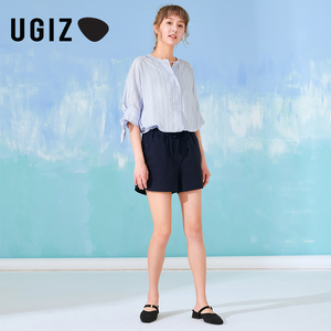 UGIZ夏季新品韩版女装时尚休闲裤系带棉麻高腰直筒短裤女UBPD933