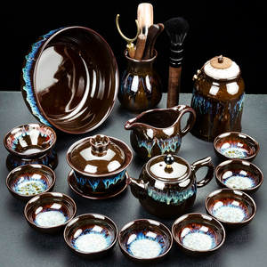 琨德自动功夫茶具窑变沙金釉茶具套装均窑天目釉整套家用盖碗茶杯