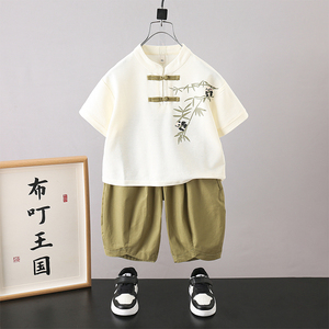新中式男童汉服夏季短袖套装2024新款国风儿童唐装熊猫男宝宝衣服