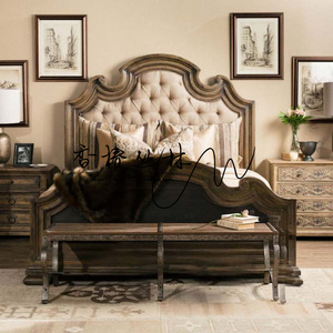 美式橡木开放漆大床法式实木胡桃色做旧别墅双人床北欧高背婚床