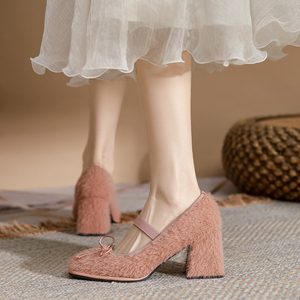 粉色豆豆毛毛鞋冬季外穿加绒绝美高跟鞋粗跟2023新款仙女温柔单鞋