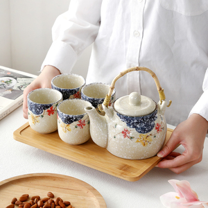 陶瓷壶雪花日式陶瓷茶壶套装釉下彩手绘樱花茶壶4直身茶杯提梁壶