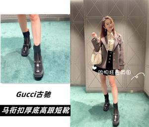 Gucci古驰 英国代购休闲圆头黑色马衔扣厚底高跟短靴女750589