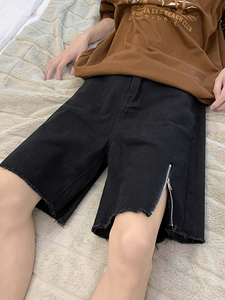 拉链黑色牛仔短裤男夏季薄款美式vibe裤子高街潮牌直筒毛边五分裤