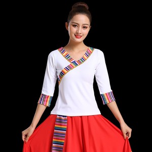 藏族舞蹈演出服装女成人中袖上衣民族风蒙古广场舞藏式跳舞长短袖