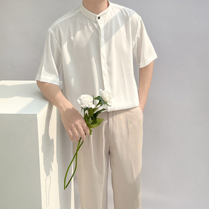 夏季免熨烫男短袖白色衬衫新中式立领高级垂坠感轻奢冰丝休闲宽松