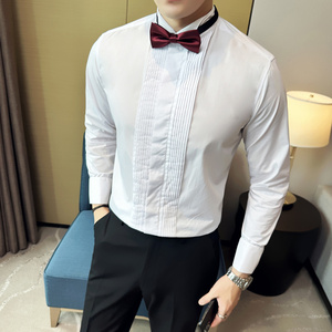 男士礼服衬衫婚礼法式袖翼型领衬衣纯色白色正装打底高级感寸衫潮