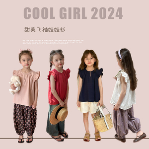 2024夏季新款童装中大女童甜美气质棉麻衬衫儿童宝宝小飞袖娃娃衫