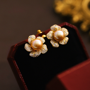 意大利进口配件 925银奢华锆石天然海水金色珍珠大花朵耳钉耳环