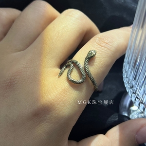 黑金古埃及灵蛇戒指小众高级感做旧工艺生肖蛇形黄金指环纯银气质