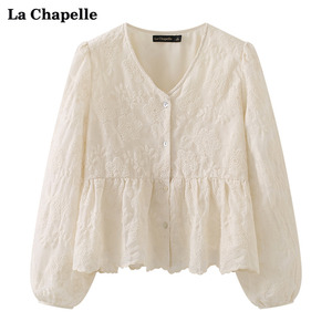 拉夏贝尔/La Chapelle刺绣排扣长袖衬衫女春设计感灯笼袖别致上衣