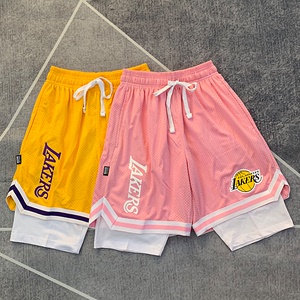 科比美式篮球短裤男女春秋运动假两件三分裤粉色热火队篮网詹姆斯