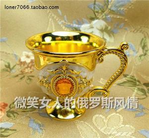 特价锡金属56-2咖啡茶酒杯手柄金米色金玫瑰花桔钻9钱45毫升近1两