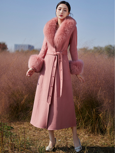 高档双面羊绒大衣女2023冬新粉红色长款修身真狐狸毛皮草保暖外套
