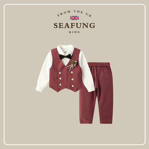 英国Seafung童装~男童套装时尚帅气儿童马甲小西装礼服宝宝三件套