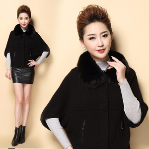 冬季新款羊绒毛衣女士短款狐狸毛领大衣蝙蝠袖外套韩版宽松针织衫