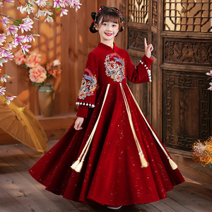 女童汉服冬季中国风复古连衣裙儿童唐装高端加绒中式红色晚礼服女