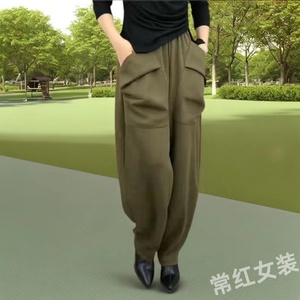 新款春季女士哈伦裤大口袋宽松显瘦休闲裤高腰弹力洋气萝卜长裤