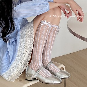 白色蕾丝小腿袜夏季薄款网眼透气蝴蝶结渔网袜女士显瘦可爱堆堆袜