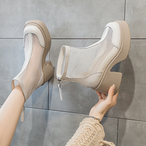 白色马丁靴女夏季薄款2024新款厚底内增高透气网靴子真皮镂空短靴