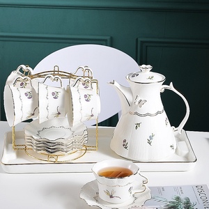 咖啡具套装家用陶瓷杯水壶带杯架拖盘北欧轻奢描金高级下午茶茶具