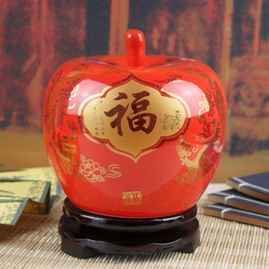 景德镇陶瓷器中国红陶瓷花瓶摆件福字苹果瓷瓶婚庆家居储物柜摆设