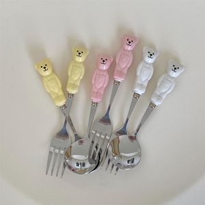 韩式ins可爱小熊造型陶瓷勺卡通甜品蛋糕勺子叉子少女咖啡勺