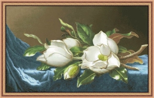 蓝色天鹅绒上的木兰花 小白十字绣套件 新款 客厅卧室 精准印花