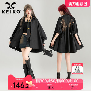 KEIKO 重工蝴蝶刺绣黑色短袖衬衫薄24夏季设计感泡泡袖上衣防晒衫