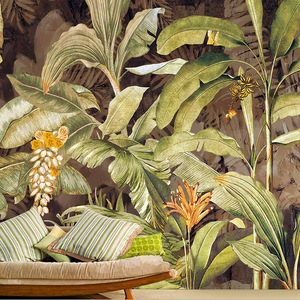 复古芭蕉叶壁纸东南亚风格壁画欧式热带雨林客厅餐厅酒店背景墙纸