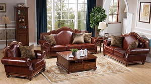美式欧式实木家具美式乡村进口白蜡木真皮组合沙发客厅沙发