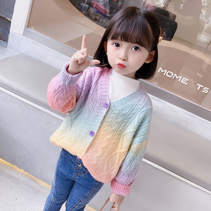 女童彩虹针织开衫外套春秋装时尚儿童洋气秋款上衣小童女宝宝毛衣