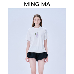MING MA设计师品牌24春夏新款宽松落肩袖圆领花卉印花T恤