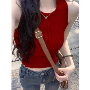 设计感红色吊带小背心女夏季辣妹紧身针织打底衫短款美背无袖上衣