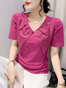 香港TIMO夏装欧货时尚V领T恤女短袖设计感蝴蝶结上衣修身半袖小衫